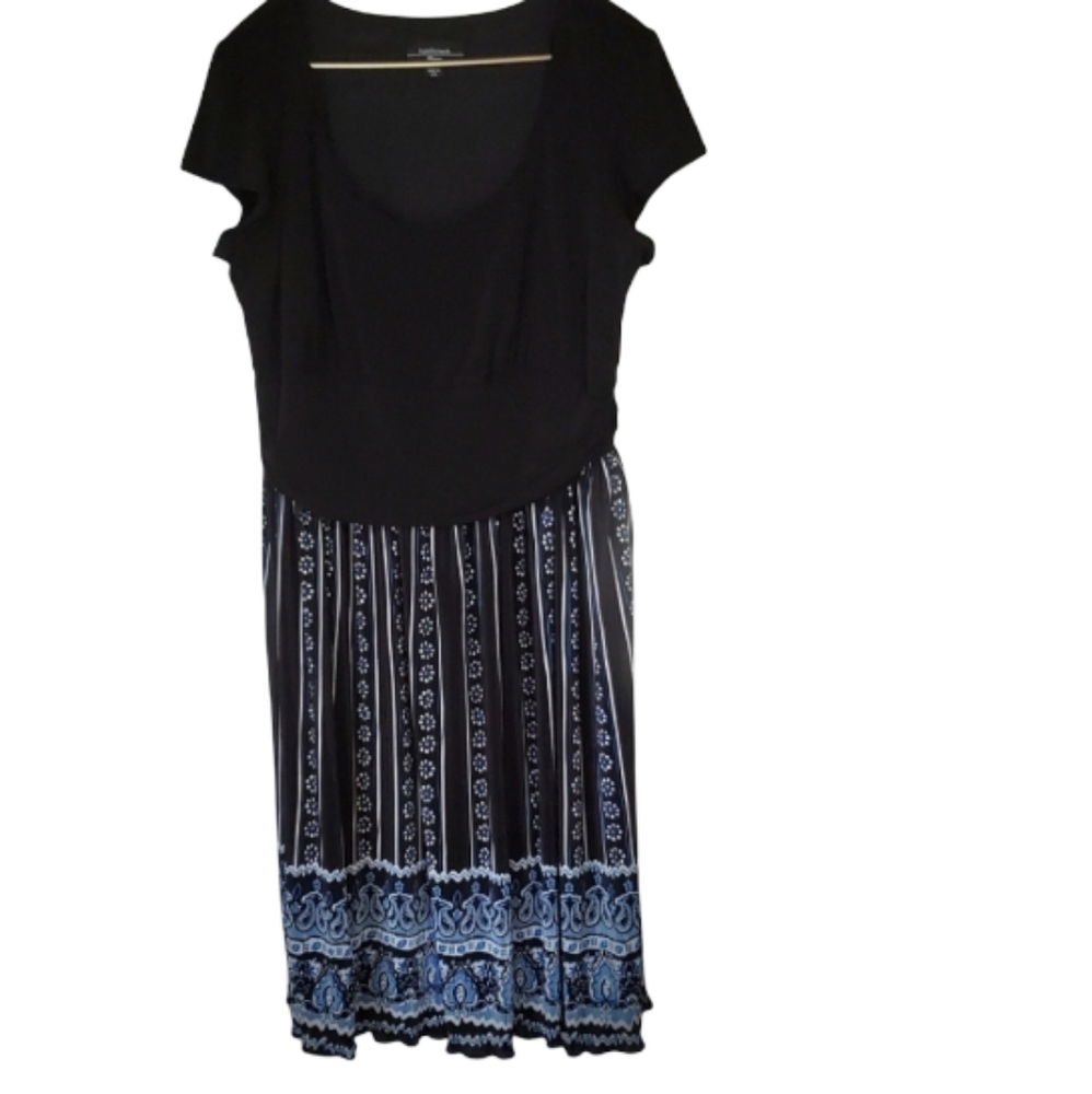 R&M Richards, Blue Black & White Short Sleeve Dress with Full Skirt